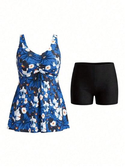 Swim Lushoire Plus Size Light Blue White Tankini Swimsuit Set Vacation Summer