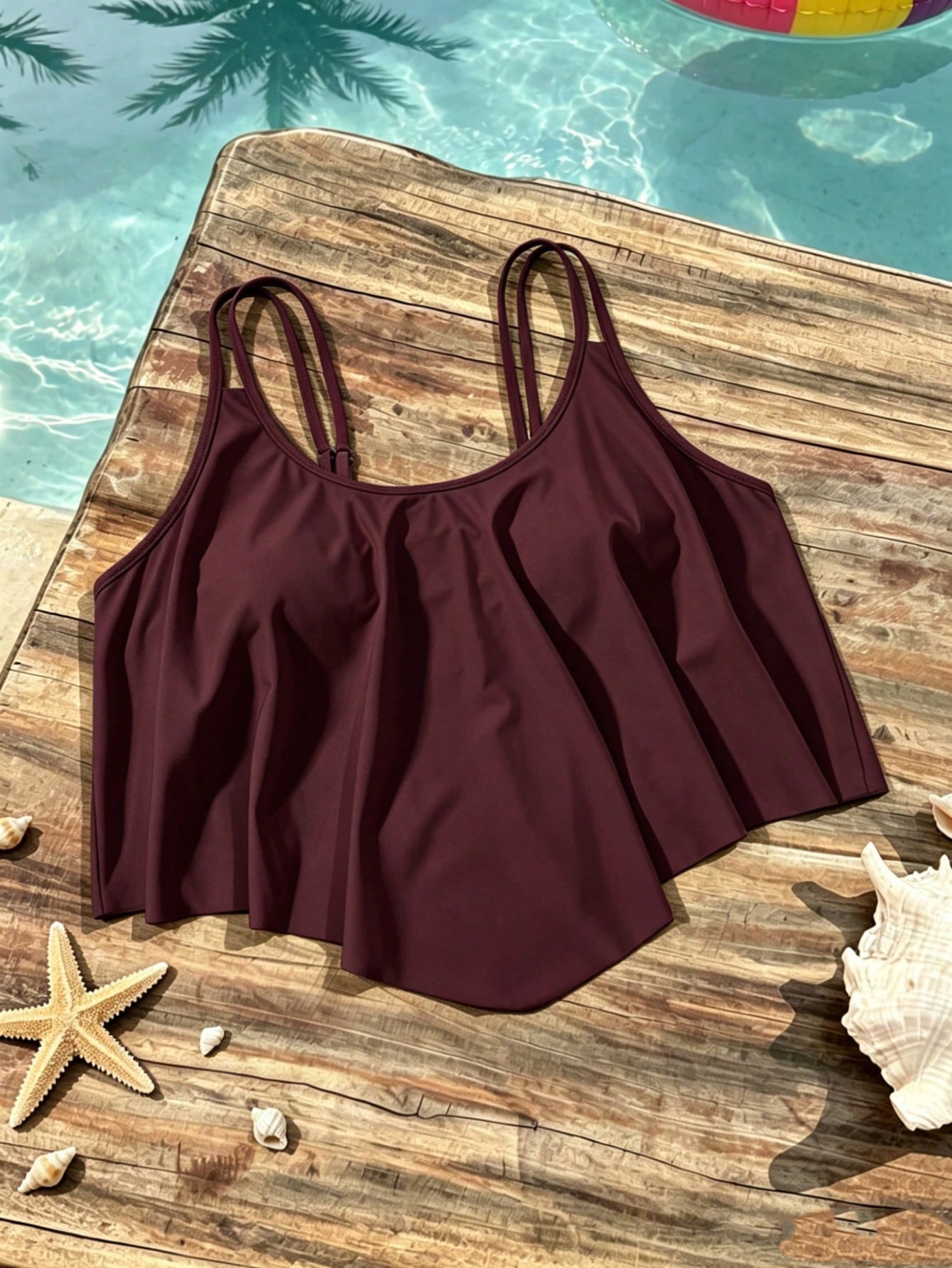 Swim Lushoire Plus Size Summer Vacation Beach Solid Color Asymmetric Hem Spaghetti Strap Swimwear Top