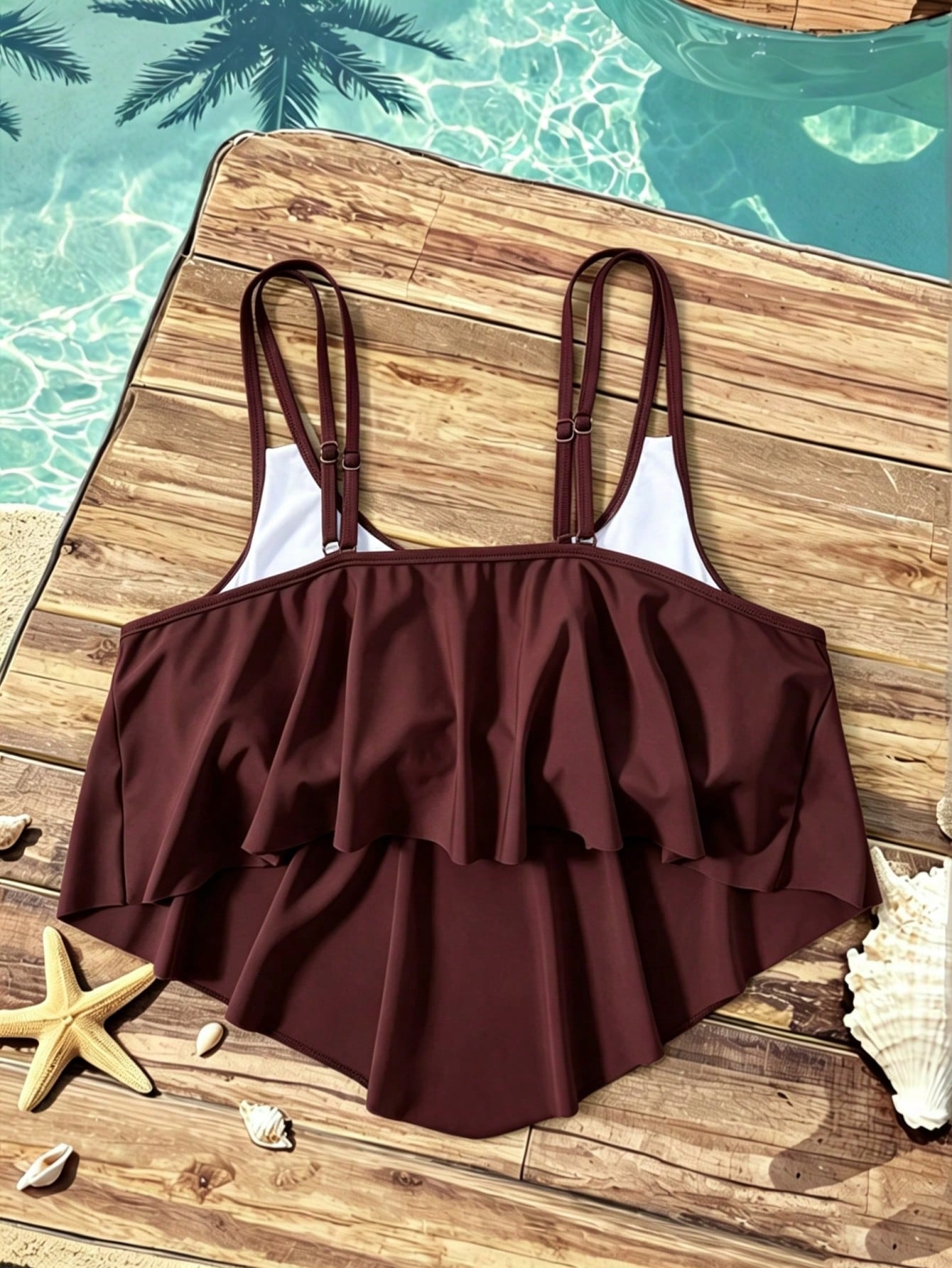Swim Lushoire Plus Size Summer Vacation Beach Solid Color Asymmetric Hem Spaghetti Strap Swimwear Top