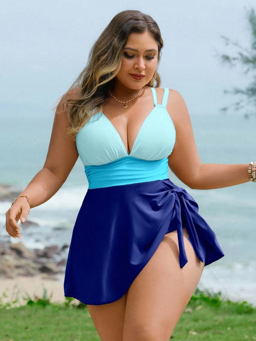 Swim Lushoire Plus Size Swimsuit 2 Pieces Set, Colorblock With Criss-Cross Straps