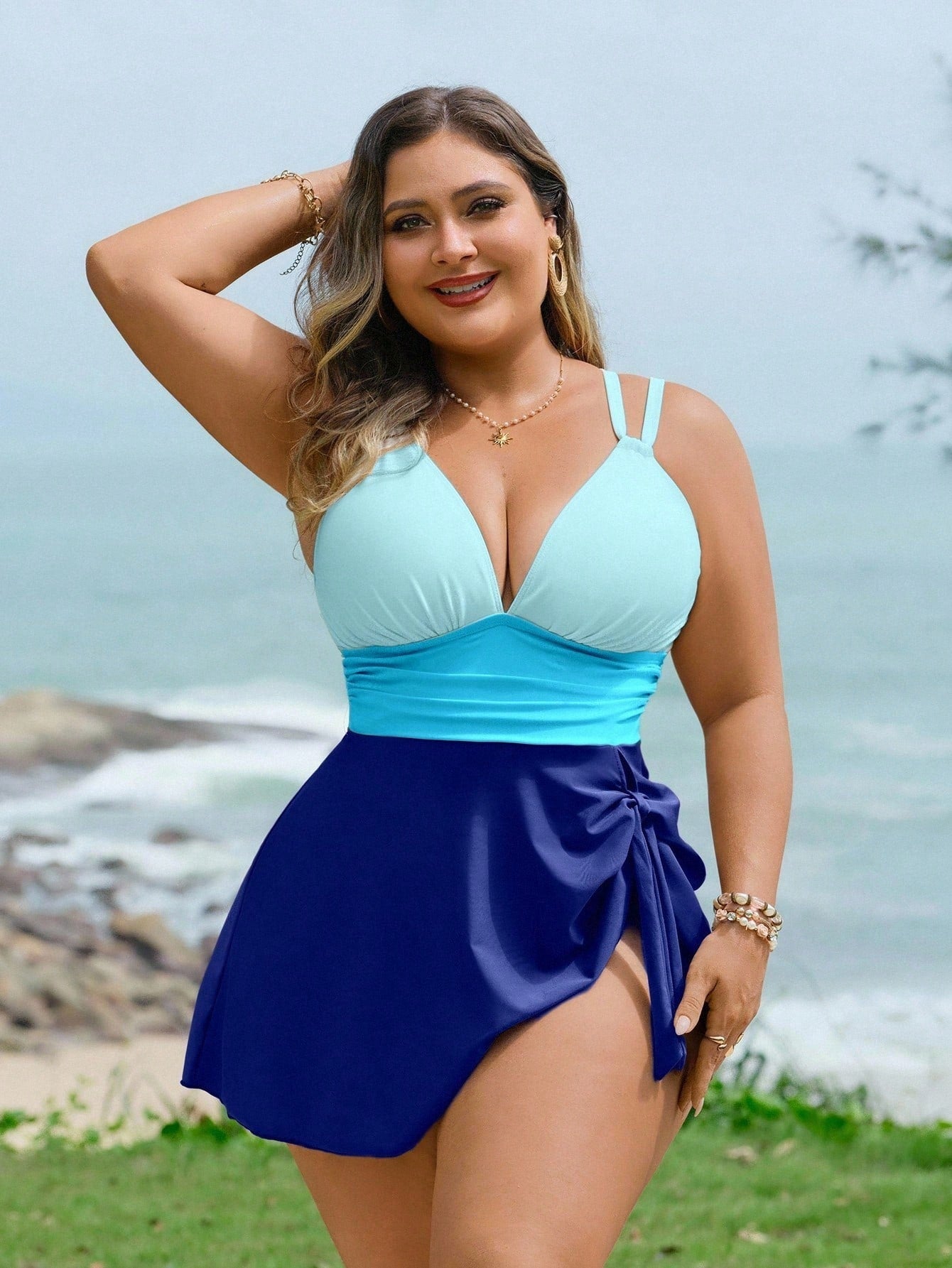 Swim Lushoire Plus Size Swimsuit 2 Pieces Set, Colorblock With Criss-Cross Straps