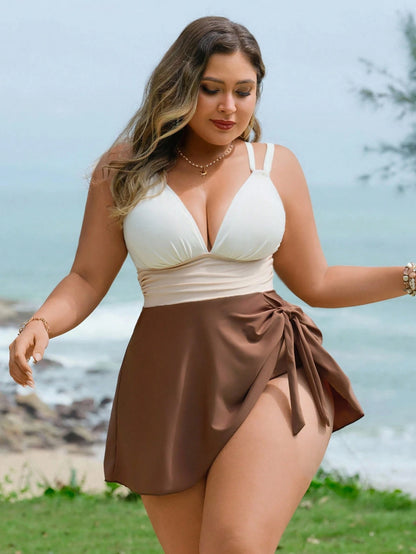 Swim Lushoire Plus Size Swimsuit 2 Pieces Set, Colorblock With Criss-Cross Straps