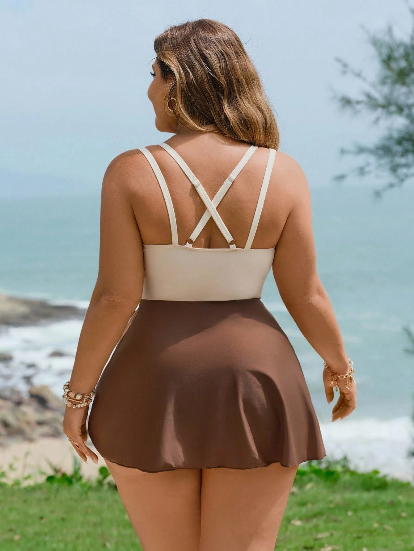 Swim Lushoire Plus Size Swimsuit 2 Pieces Set, Colorblock With Criss-Cross Straps
