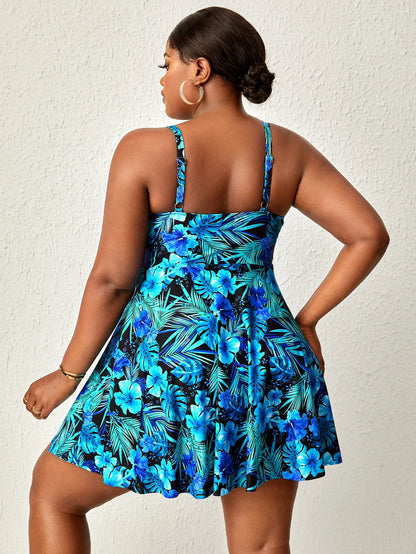 Swim Lushoire Plus Size Tropical Print Knot Front 2 In 1 One-Piece Swimsuit Summer