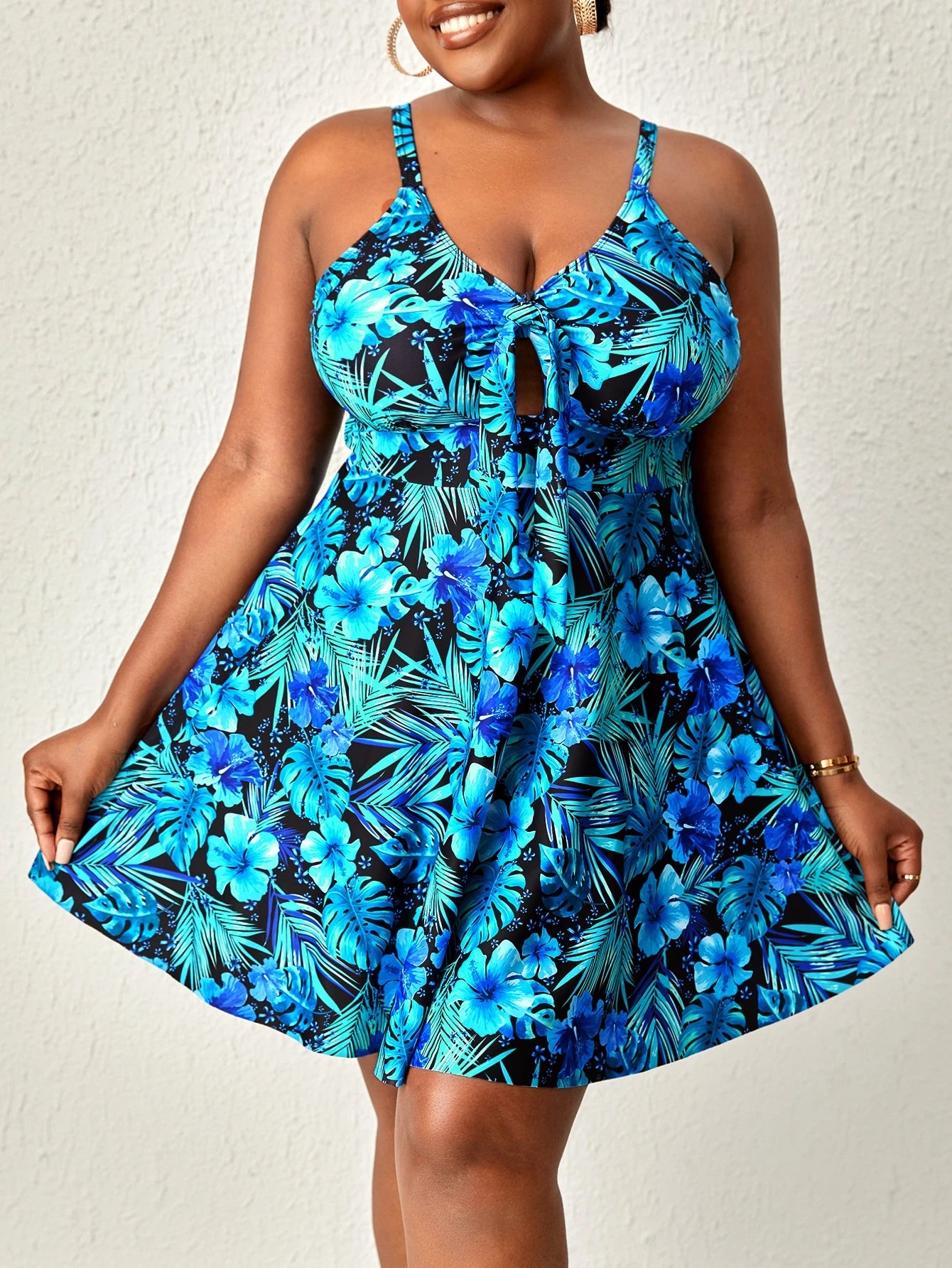 Swim Lushoire Plus Size Tropical Print Knot Front 2 In 1 One-Piece Swimsuit Summer