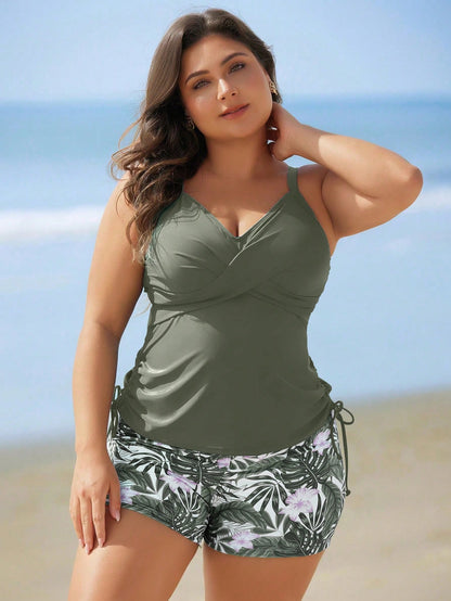 Swim Lushoire Plus Size Vacation Style Printed Tankini Swimwear