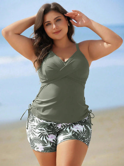 Swim Lushoire Plus Size Vacation Style Printed Tankini Swimwear