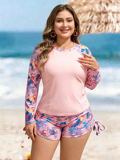 Swim Lushoire Plus Size Women 2-Piece Set Random Rose Red Branch & Leaf Print Fashion Vacation Casual Minimalist Loose High Waist Straight Leg Pants Drawstring Tie Long Sleeve Round Neck 2026 New Styl