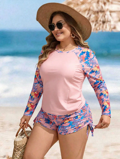 Swim Lushoire Plus Size Women 2-Piece Set Random Rose Red Branch & Leaf Print Fashion Vacation Casual Minimalist Loose High Waist Straight Leg Pants Drawstring Tie Long Sleeve Round Neck 2026 New Styl