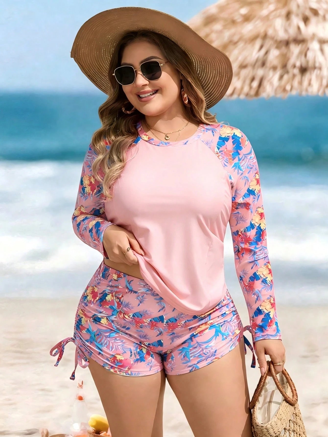 Swim Lushoire Plus Size Women 2-Piece Set Random Rose Red Branch & Leaf Print Fashion Vacation Casual Minimalist Loose High Waist Straight Leg Pants Drawstring Tie Long Sleeve Round Neck 2026 New Styl