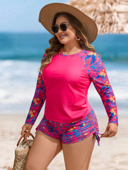 Swim Lushoire Plus Size Women 2-Piece Set Random Rose Red Branch & Leaf Print Fashion Vacation Casual Minimalist Loose High Waist Straight Leg Pants Drawstring Tie Long Sleeve Round Neck 2026 New Styl