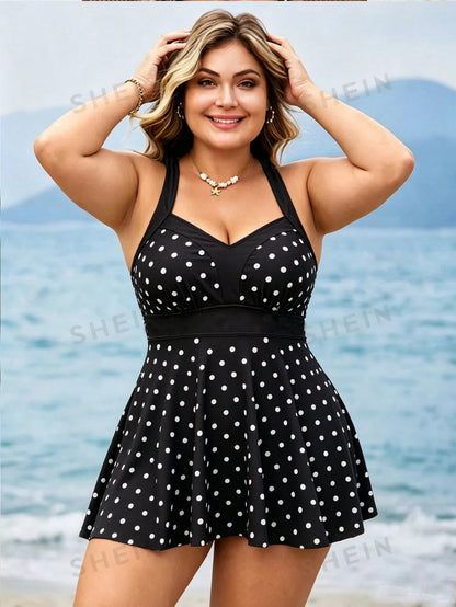 Swim Lushoire Plus Size Women 2pcs Patchwork Camisole Spaghetti Strap Gathered Waist A-Line Hem Modest Swimwear Set, Casual Summer Holiday