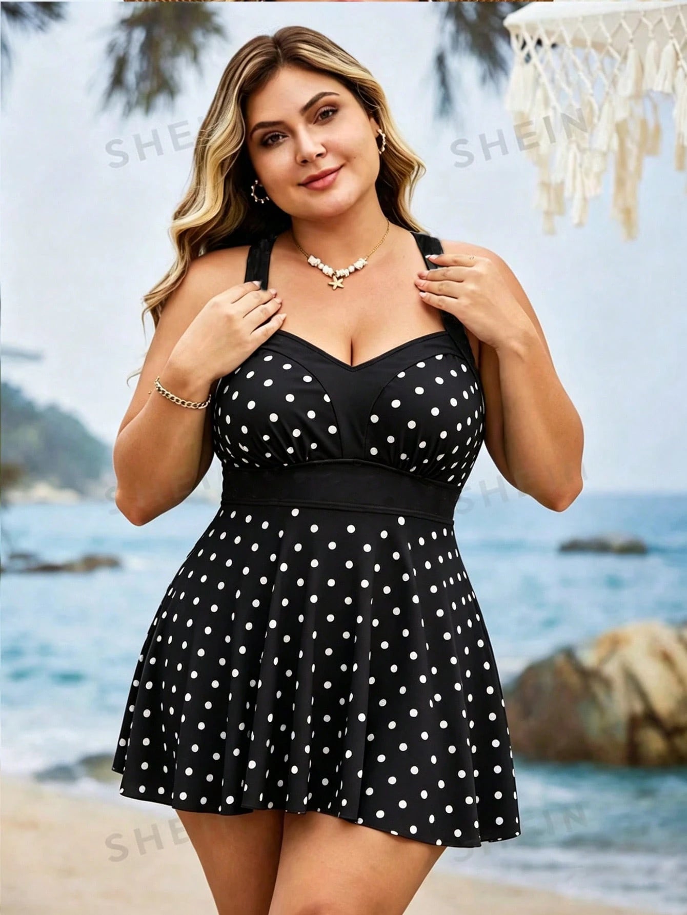 Swim Lushoire Plus Size Women 2pcs Patchwork Camisole Spaghetti Strap Gathered Waist A-Line Hem Modest Swimwear Set, Casual Summer Holiday