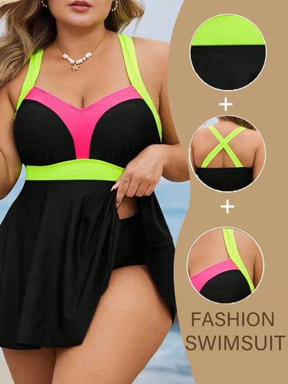 Swim Lushoire Plus Size Women 2pcs Patchwork Camisole Spaghetti Strap Gathered Waist A-Line Hem Modest Swimwear Set, Casual Summer Holiday