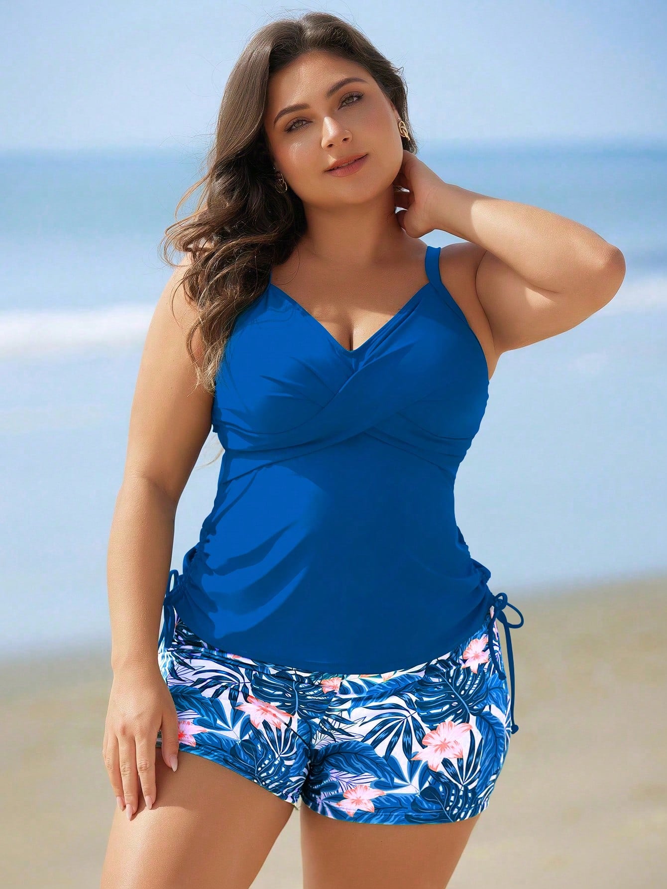 Swim Lushoire Plus Size Women 2pcs Random Floral Print Camisole Top And Tankini Bottoms Swimwear Beach Vacation Set For Summer