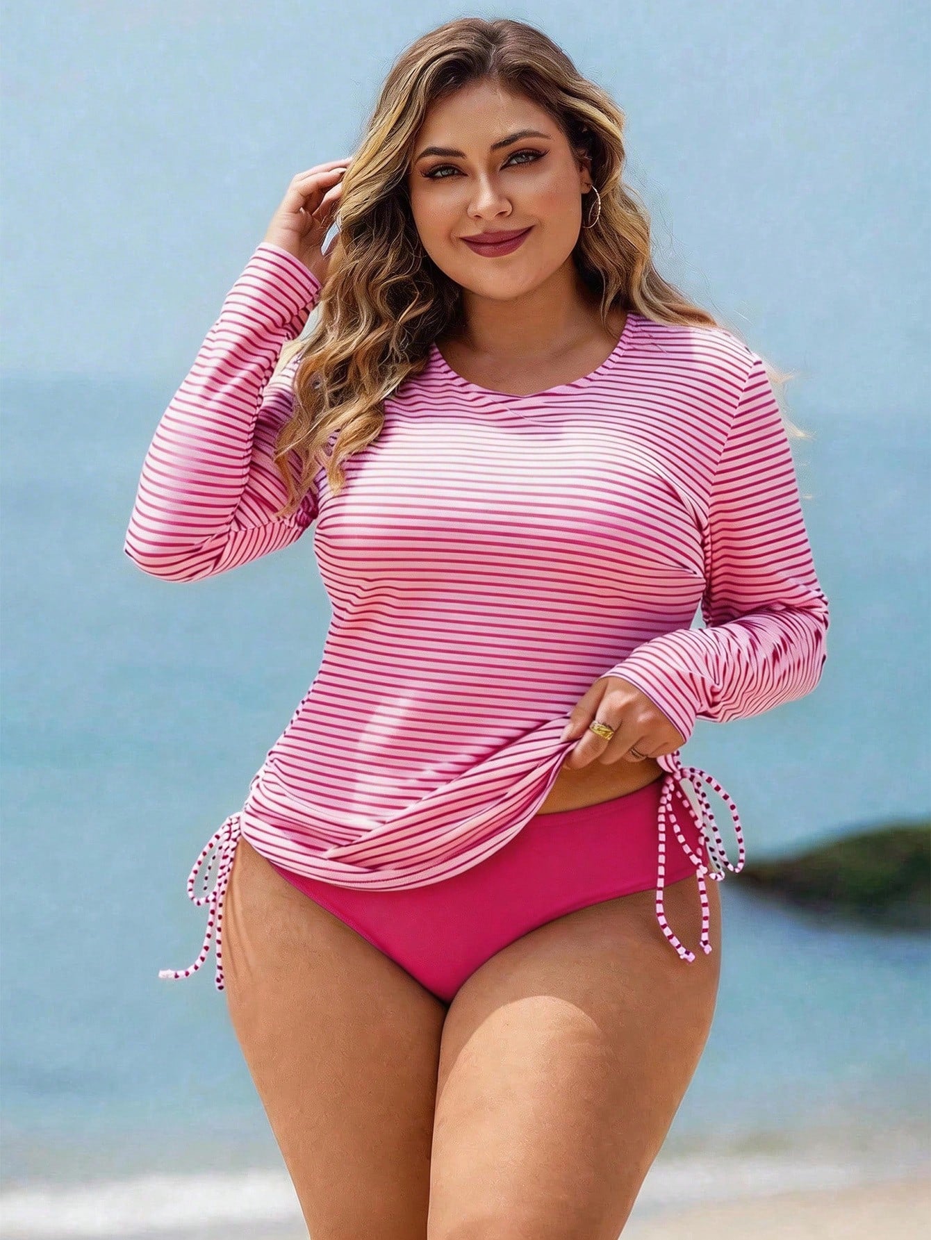 Swim Lushoire Plus Size Women 2pcs Striped Long Sleeve Crop Top High Waist Swimwear, Mature Fashionable Casual Vacation Beach Summer