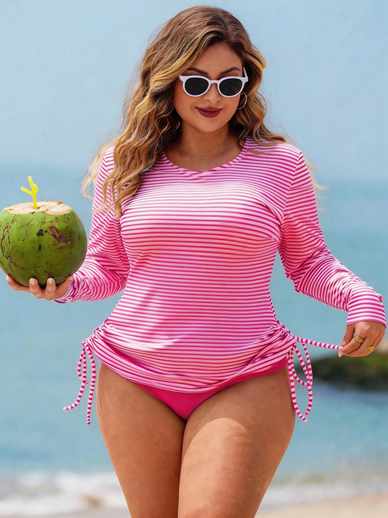 Swim Lushoire Plus Size Women 2pcs Striped Long Sleeve Crop Top High Waist Swimwear, Mature Fashionable Casual Vacation Beach Summer