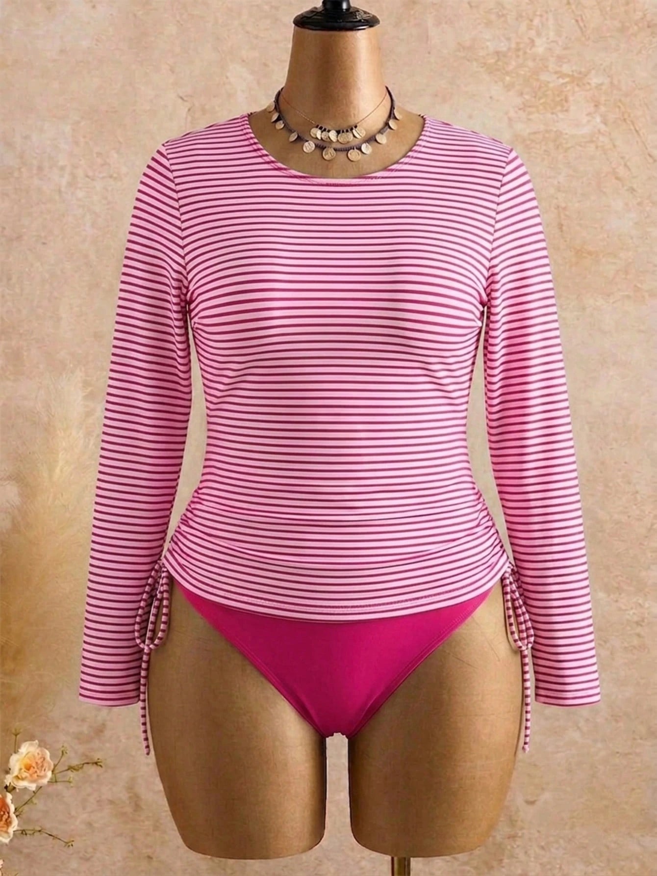 Swim Lushoire Plus Size Women 2pcs Striped Long Sleeve Crop Top High Waist Swimwear, Mature Fashionable Casual Vacation Beach Summer