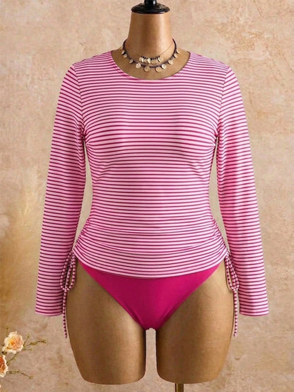 Swim Lushoire Plus Size Women 2pcs Striped Long Sleeve Crop Top High Waist Swimwear, Mature Fashionable Casual Vacation Beach Summer