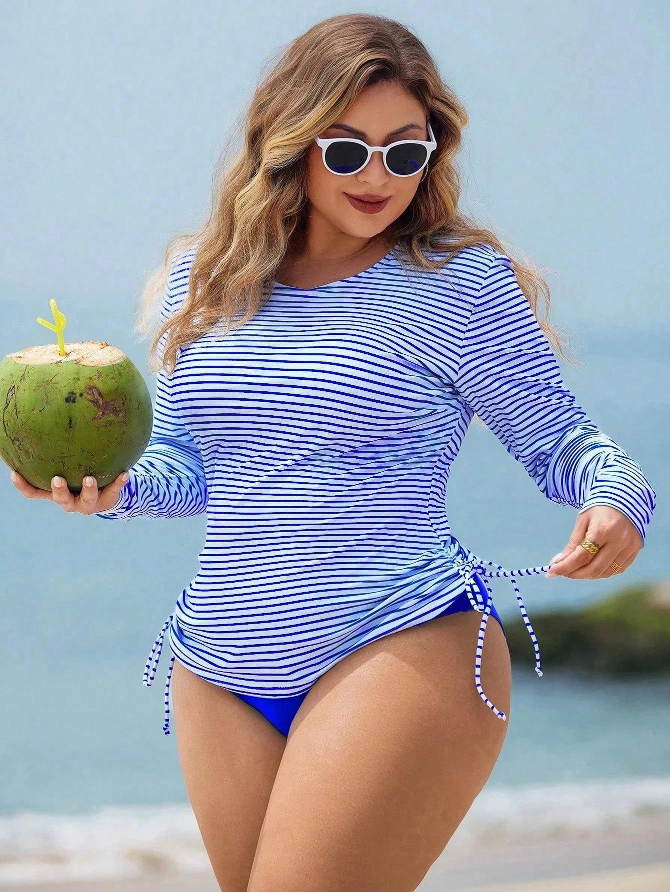 Swim Lushoire Plus Size Women 2pcs Striped Long Sleeve Crop Top High Waist Swimwear, Mature Fashionable Casual Vacation Beach Summer