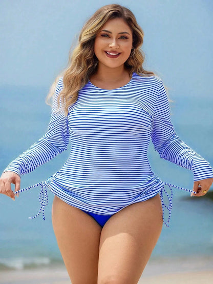 Swim Lushoire Plus Size Women 2pcs Striped Long Sleeve Crop Top High Waist Swimwear, Mature Fashionable Casual Vacation Beach Summer
