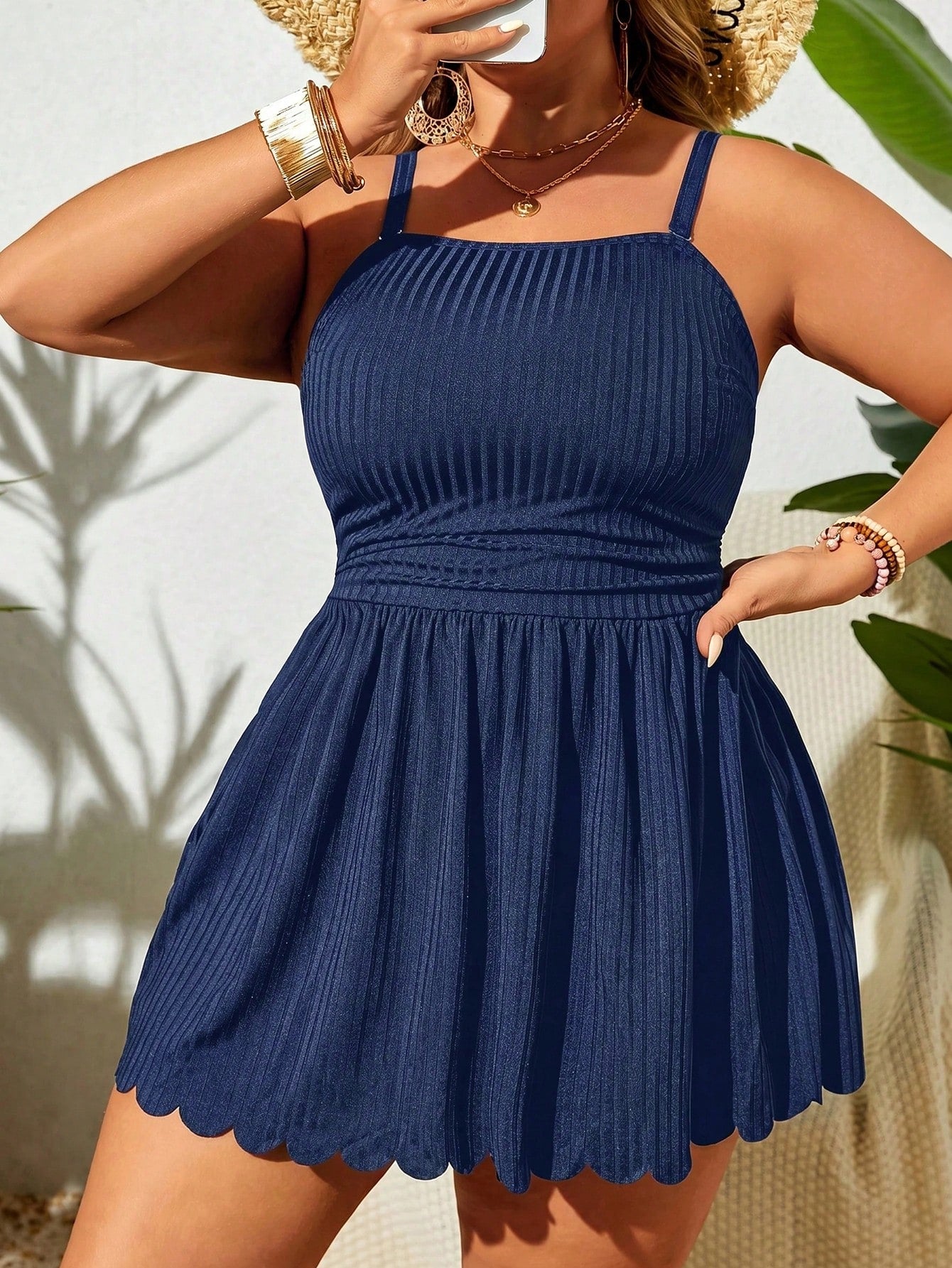 Swim Lushoire Plus Size Women Beach Party Holiday Solid Color Casual Modest Off Shoulder Camisole Swimsuit With Swim Shorts Navy Blue Summer