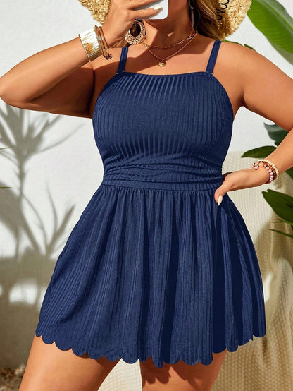 Swim Lushoire Plus Size Women Beach Party Holiday Solid Color Casual Modest Off Shoulder Camisole Swimsuit With Swim Shorts Navy Blue Summer