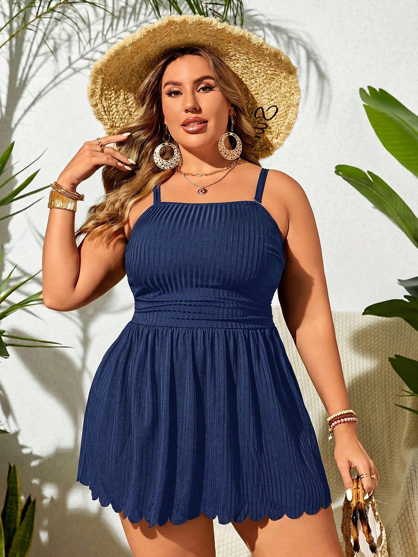Swim Lushoire Plus Size Women Beach Party Holiday Solid Color Casual Modest Off Shoulder Camisole Swimsuit With Swim Shorts Navy Blue Summer