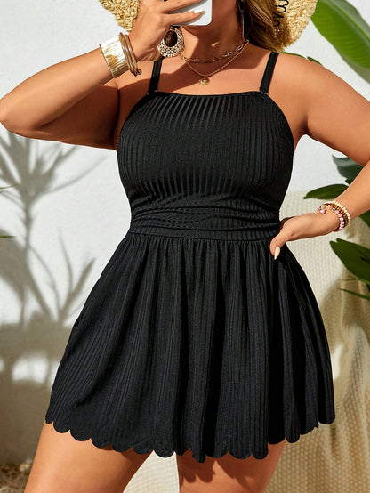 Swim Lushoire Plus Size Women Beach Party Holiday Solid Color Casual Modest Off Shoulder Camisole Swimsuit With Swim Shorts Navy Blue Summer