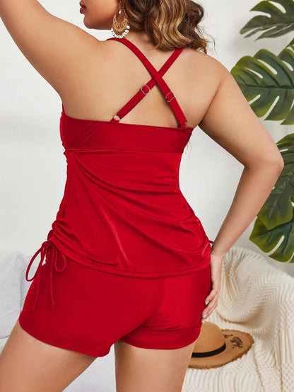 Swim Lushoire Plus Size Women Criss-Cross Front Backless Crop Top Tankini, New Year 2025 Party Summer