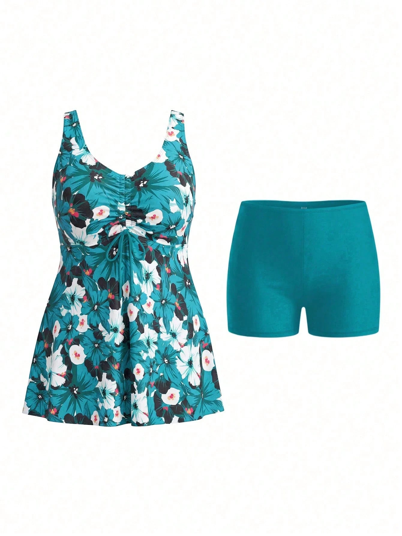 Swim Lushoire Plus Size Women Floral Print Ruched Tankini And Shorts Swimsuit Set, Suitable For Summer Vacation And Beach Vacation Teal