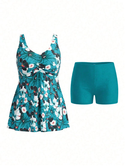 Swim Lushoire Plus Size Women Floral Print Ruched Tankini And Shorts Swimsuit Set, Suitable For Summer Vacation And Beach Vacation Teal