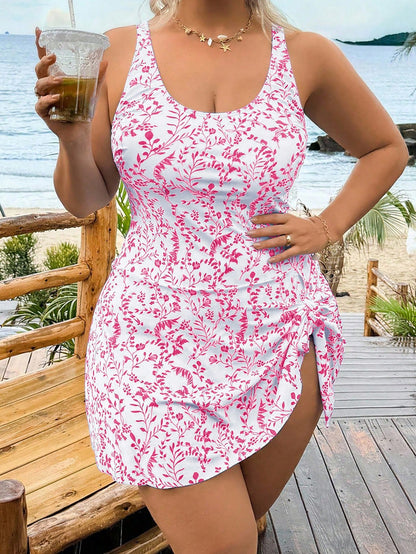 Swim Lushoire Plus Size Women Leaf Print Adjustable Strap Round Neck Tankini Swimsuit With Tie Waist, Elegant & Sexy For Casual Beach Holiday