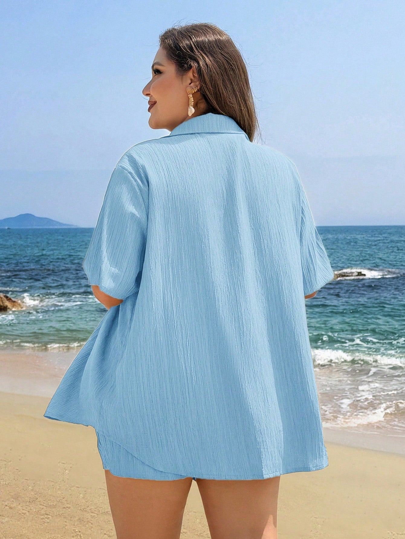 Swim Lushoire Plus Size Women Light Blue Shorts And Short Sleeve Shirt 2 Piece Set, Button Casual Beach Vacation Cover Up Summer