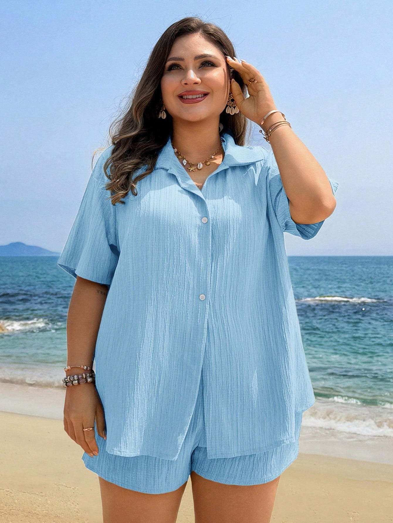 Swim Lushoire Plus Size Women Light Blue Shorts And Short Sleeve Shirt 2 Piece Set, Button Casual Beach Vacation Cover Up Summer