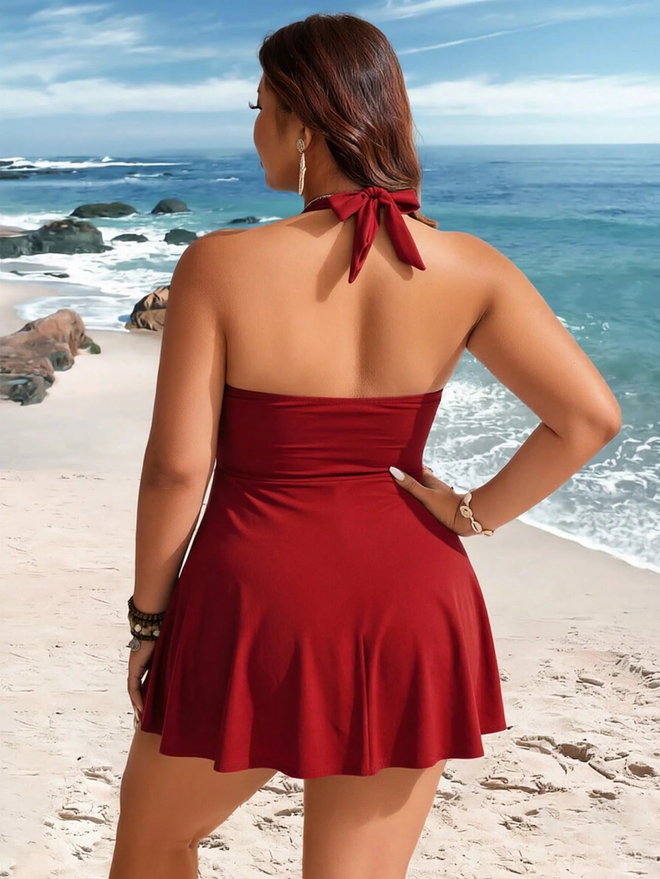 Swim Lushoire Plus Size Women's 2-Piece Striped Print Waist Ruched Halter Tankini Swimwear, Mature Minimalist Casual Resort Swimwear