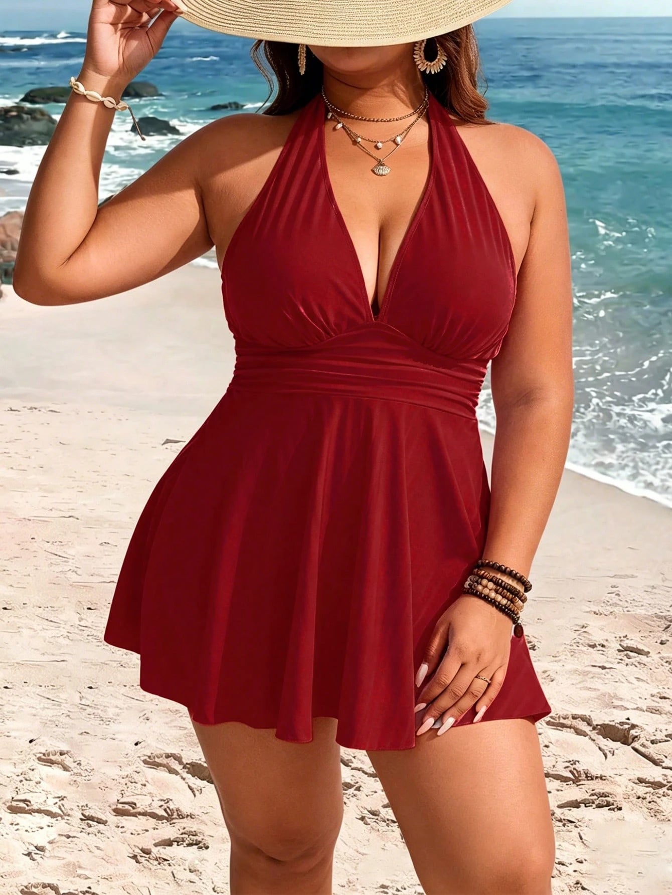 Swim Lushoire Plus Size Women's 2-Piece Striped Print Waist Ruched Halter Tankini Swimwear, Mature Minimalist Casual Resort Swimwear