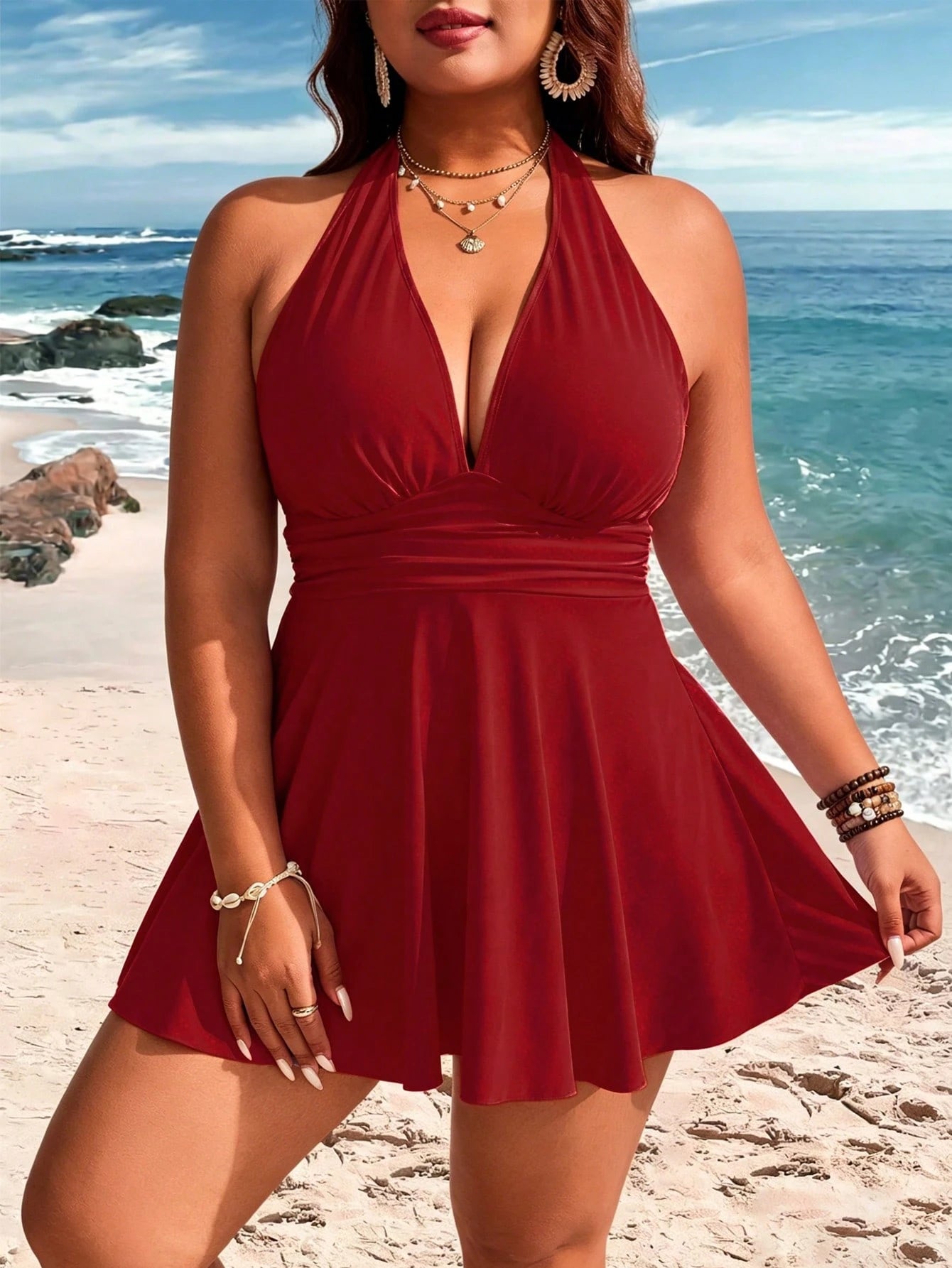 Swim Lushoire Plus Size Women's 2-Piece Striped Print Waist Ruched Halter Tankini Swimwear, Mature Minimalist Casual Resort Swimwear