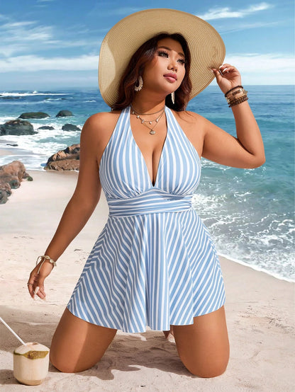 Swim Lushoire Plus Size Women's 2-Piece Striped Print Waist Ruched Halter Tankini Swimwear, Mature Minimalist Casual Resort Swimwear