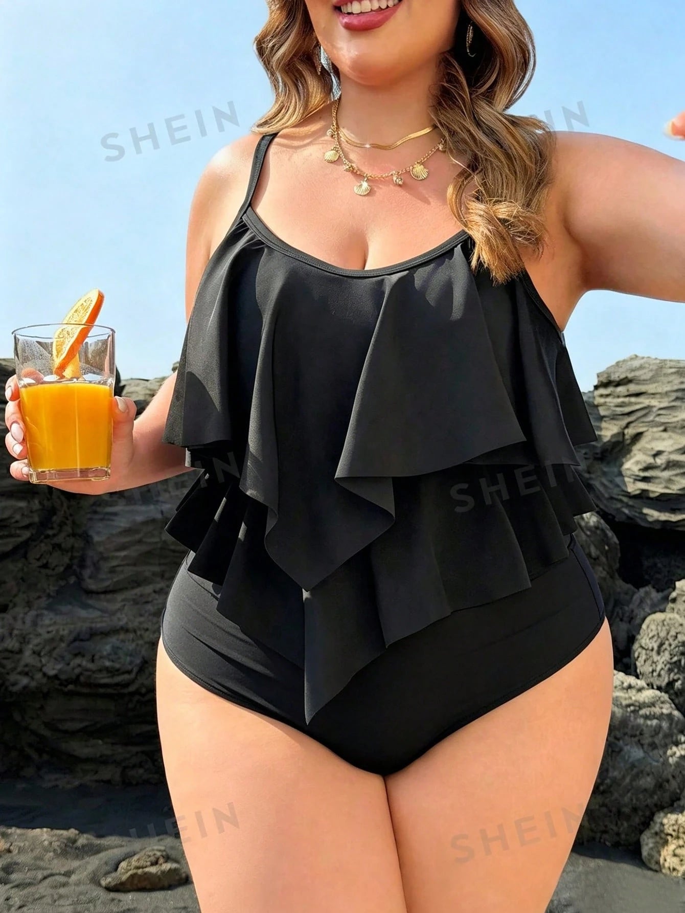 Swim Lushoire Plus Size Women's 2pcs Black Double Ruffle Trim Top And Leopard Print Pleated Triangle Bottoms Backless Bikini Swimwear