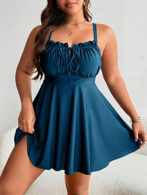 Swim Lushoire Plus Size Women's Black Ruffle Tie Front Swimdress For Summer Beach Vacation