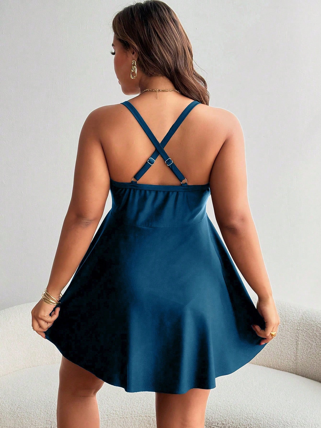 Swim Lushoire Plus Size Women's Black Ruffle Tie Front Swimdress For Summer Beach Vacation