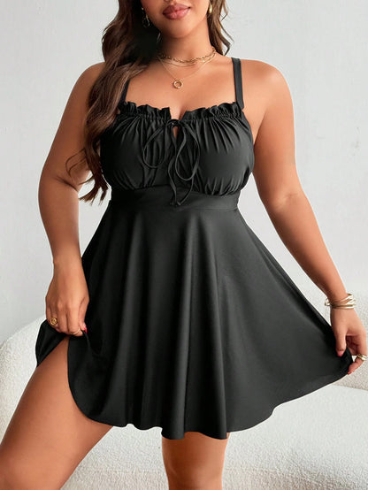 Swim Lushoire Plus Size Women's Black Ruffle Tie Front Swimdress For Summer Beach Vacation