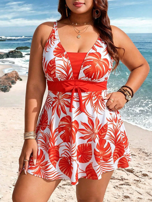 Swim Lushoire Plus Size Women's Botanical Print Swim Dress With Boy Leg Swim Bottoms