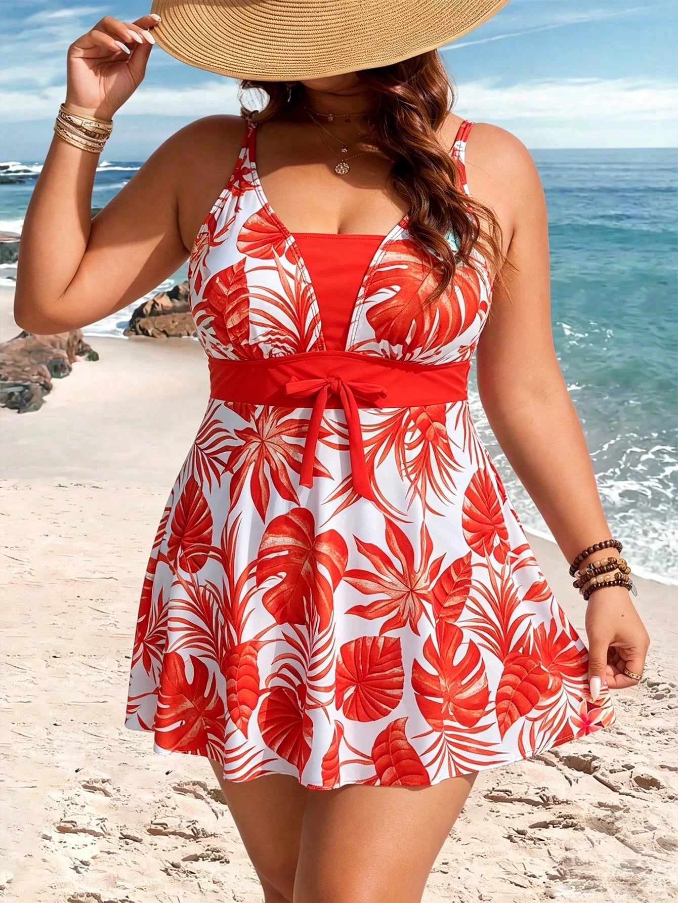 Swim Lushoire Plus Size Women's Botanical Print Swim Dress With Boy Leg Swim Bottoms