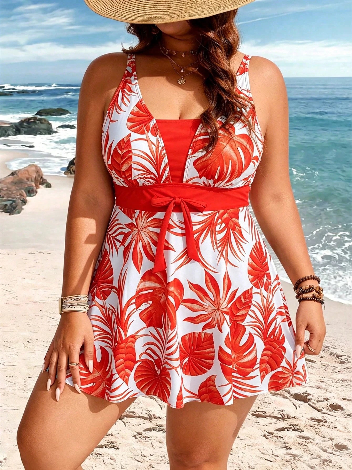 Swim Lushoire Plus Size Women's Botanical Print Swim Dress With Boy Leg Swim Bottoms