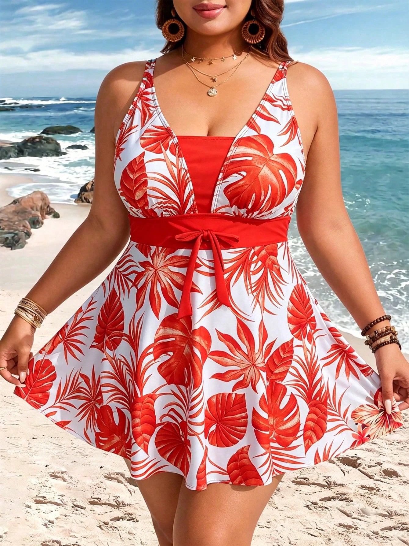 Swim Lushoire Plus Size Women's Botanical Print Swim Dress With Boy Leg Swim Bottoms