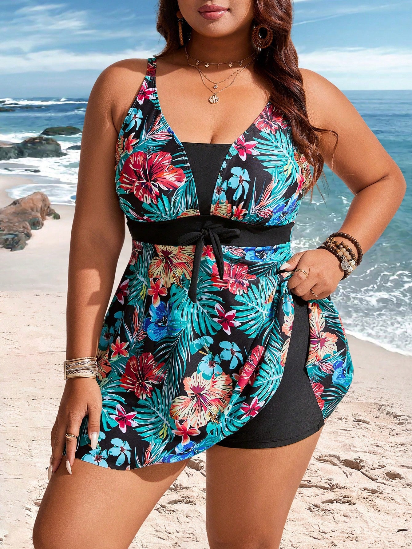 Swim Lushoire Plus Size Women's Botanical Print Swim Dress With Boy Leg Swim Bottoms