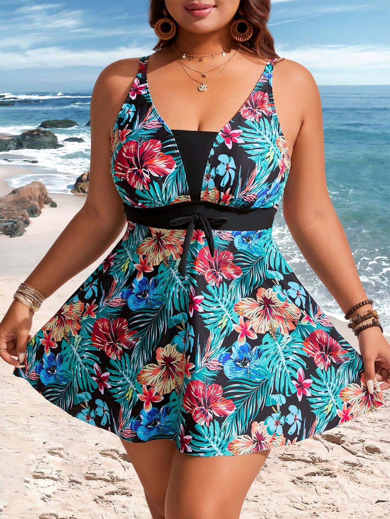 Swim Lushoire Plus Size Women's Botanical Print Swim Dress With Boy Leg Swim Bottoms