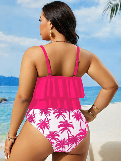 Swim Lushoire Plus Size Women's Summer Beach Ruffled Sexy Camisole Tankini Swimwear Set